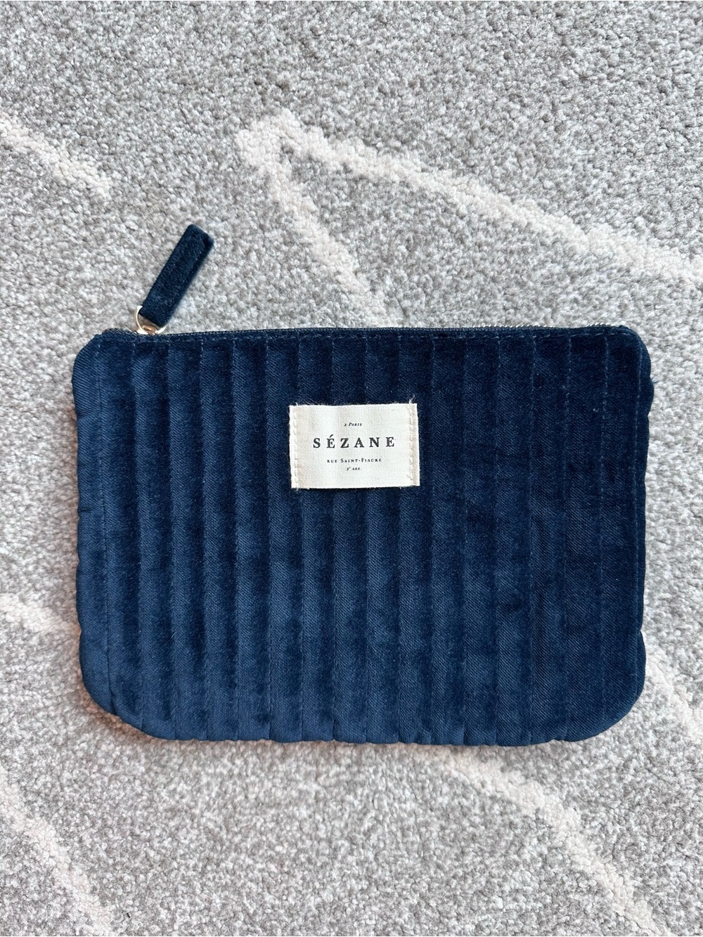 Sezane Navy Velvet Quilted Le Pouch Zip Bag